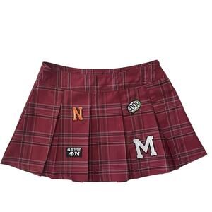 No Boundaries Plaid Pleated Skirt Juniors XL Wine Mini Patches Zipper Preppy